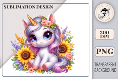 Adorable watercolor baby unicorn with flower crown — perfect PNG clipart for kids sublimation printing on t-shirts, mugs, and birthday crafts.