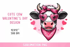 Cute Valentine cow with sunglasses Sublimation. PNG. Product Image 1