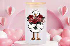 Romantic goose artwork featuring a bouquet of red roses, cute expression, and simple cartoon style, shown as a high-resolution PNG with transparent background.