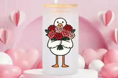 Romantic goose artwork featuring a bouquet of red roses, cute expression, and simple cartoon style, shown as a high-resolution PNG with transparent background.