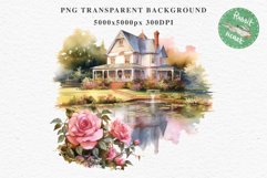 Cute Victorian Cottage Lake House Clipart Garden Flowers PNG Nursery wall art card making collage printable files xmas decor junk journal sublimation files