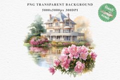 Cute Victorian Cottage Lake House Clipart Garden Flowers PNG Nursery wall art card making collage printable files xmas decor junk journal sublimation files