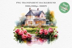 Cute Victorian Cottage Lake House Clipart Garden Flowers PNG Nursery wall art card making collage printable files xmas decor junk journal sublimation files