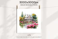 Cute Victorian Cottage Lake House Clipart Garden Flowers PNG Nursery wall art card making collage printable files xmas decor junk journal sublimation files