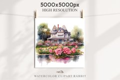 Cute Victorian Cottage Lake House Clipart Garden Flowers PNG Nursery wall art card making collage printable files xmas decor junk journal sublimation files