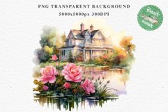 Cute Victorian Cottage Lake House Clipart Garden Flowers PNG Nursery wall art card making collage printable files xmas decor junk journal sublimation files