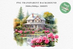Cute Victorian Cottage Lake House Clipart Garden Flowers PNG Nursery wall art card making collage printable files xmas decor junk journal sublimation files