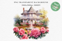 Cute Victorian Cottage Lake House Clipart Garden Flowers PNG Nursery wall art card making collage printable files xmas decor junk journal sublimation files