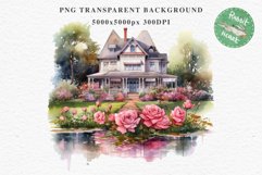 Cute Victorian Cottage Lake House Clipart Garden Flowers PNG Nursery wall art card making collage printable files xmas decor junk journal sublimation files