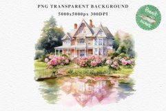Cute Victorian Cottage Lake House Clipart Garden Flowers PNG Nursery wall art card making collage printable files xmas decor junk journal sublimation files