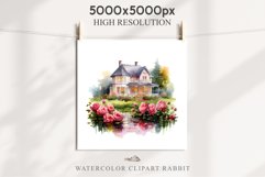 Cute Victorian Cottage Lake House Clipart Garden Flowers PNG Nursery wall art card making collage printable files xmas decor junk journal sublimation files