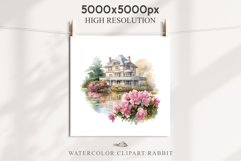 Cute Victorian Cottage Lake House Clipart Garden Flowers PNG Nursery wall art card making collage printable files xmas decor junk journal sublimation files