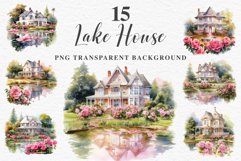 Cute Victorian Cottage Lake House Clipart Garden Flowers PNG Nursery wall art card making collage printable files xmas decor junk journal sublimation files  watercolor Cute Victorian Cottage Lake House clipart, victorian Landscape spring, European summer