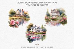 Cute Victorian Cottage Lake House Clipart Garden Flowers PNG Nursery wall art card making collage printable files xmas decor junk journal sublimation files  watercolor Cute Victorian Cottage Lake House clipart, victorian Landscape spring, European summer