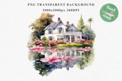 Cute Victorian Cottage Lake House Clipart Garden Flowers PNG Nursery wall art card making collage printable files xmas decor junk journal sublimation files