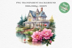 Cute Victorian Cottage Lake House Clipart Garden Flowers PNG Nursery wall art card making collage printable files xmas decor junk journal sublimation files