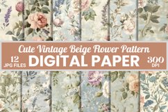 Cute Vintage Beige Flower Digital Paper Shabby Chic Pattern Product Image 1