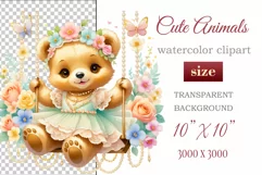 Cute baby bear clipart on flower-decorated swings in soft pastel hues. Perfect for children's books, educational materials, websites, and nursery decor. Watercolor and digital painting blend. Ideal for adding a magical touch to kids' content