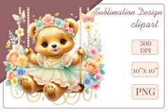 Cute baby bear clipart on flower-decorated swings in soft pastel hues. Perfect for children's books, educational materials, websites, and nursery decor. Watercolor and digital painting blend. Ideal for adding a magical touch to kids' content