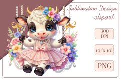 Cute baby cow clipart on flower-decorated swings in soft pastel hues. Perfect for children&#039;s books, educational materials, websites, and nursery decor. Watercolor and digital painting blend. Ideal for adding a magical touch to kids&#039; content