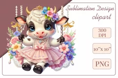 Cute baby cow clipart on flower-decorated swings in soft pastel hues. Perfect for children's books, educational materials, websites, and nursery decor. Watercolor and digital painting blend. Ideal for adding a magical touch to kids' content
