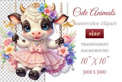 Cute baby cow clipart on flower-decorated swings in soft pastel hues. Perfect for children&#039;s books, educational materials, websites, and nursery decor. Watercolor and digital painting blend. Ideal for adding a magical touch to kids&#039; content