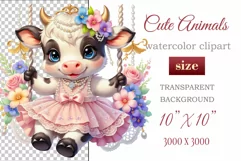 Cute baby cow clipart on flower-decorated swings in soft pastel hues. Perfect for children's books, educational materials, websites, and nursery decor. Watercolor and digital painting blend. Ideal for adding a magical touch to kids' content