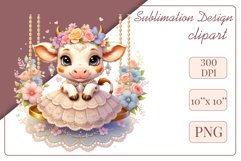 Cute baby cow clipart on flower-decorated swings in soft pastel hues. Perfect for children&#039;s books, educational materials, websites, and nursery decor. Watercolor and digital painting blend. Ideal for adding a magical touch to kids&#039; content