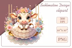 Cute baby cow clipart on flower-decorated swings in soft pastel hues. Perfect for children's books, educational materials, websites, and nursery decor. Watercolor and digital painting blend. Ideal for adding a magical touch to kids' content