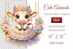 Cute baby cow clipart on flower-decorated swings in soft pastel hues. Perfect for children's books, educational materials, websites, and nursery decor. Watercolor and digital painting blend. Ideal for adding a magical touch to kids' content