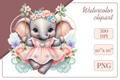 Cute baby elephant clipart on flower-decorated swings in soft pastel hues. Perfect for children&#039;s books, educational materials, websites, and nursery decor. Watercolor and digital painting blend. Ideal for adding a magical touch to kids&#039; content