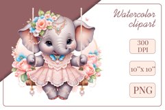 Cute baby elephant clipart on flower-decorated swings in soft pastel hues. Perfect for children&#039;s books, educational materials, websites, and nursery decor. Watercolor and digital painting blend. Ideal for adding a magical touch to kids&#039; content