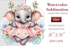 Cute baby elephant clipart on flower-decorated swings in soft pastel hues. Perfect for children&#039;s books, educational materials, websites, and nursery decor. Watercolor and digital painting blend. Ideal for adding a magical touch to kids&#039; content