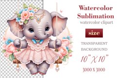 Cute baby elephant clipart on flower-decorated swings in soft pastel hues. Perfect for children&#039;s books, educational materials, websites, and nursery decor. Watercolor and digital painting blend. Ideal for adding a magical touch to kids&#039; content