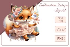 Cute baby fox clipart on flower-decorated swings in soft pastel hues. Perfect for children&#039;s books, educational materials, websites, and nursery decor. Watercolor and digital painting blend. Ideal for adding a magical touch to kids&#039; content