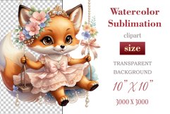 Cute baby fox clipart on flower-decorated swings in soft pastel hues. Perfect for children&#039;s books, educational materials, websites, and nursery decor. Watercolor and digital painting blend. Ideal for adding a magical touch to kids&#039; content