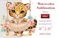 Cute baby leopard clipart on flower-decorated swings in soft pastel hues. Perfect for children&#039;s books, educational materials, websites, and nursery decor. Watercolor and digital painting blend. Ideal for adding a magical touch to kids&#039; content