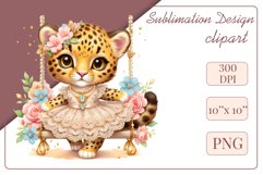 Cute baby leopard clipart on flower-decorated swings in soft pastel hues. Perfect for children&#039;s books, educational materials, websites, and nursery decor. Watercolor and digital painting blend. Ideal for adding a magical touch to kids&#039; content