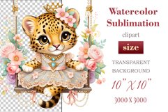 Cute baby leopard clipart on flower-decorated swings in soft pastel hues. Perfect for children&#039;s books, educational materials, websites, and nursery decor. Watercolor and digital painting blend. Ideal for adding a magical touch to kids&#039; content