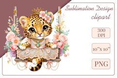 Cute baby leopard clipart on flower-decorated swings in soft pastel hues. Perfect for children&#039;s books, educational materials, websites, and nursery decor. Watercolor and digital painting blend. Ideal for adding a magical touch to kids&#039; content