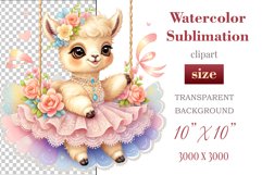 Cute Baby llama clipart on flower-decorated swings in soft pastel hues. Perfect for children&#039;s books, educational materials, websites, and nursery decor. Watercolor and digital painting blend. Ideal for adding a magical touch to kids&#039; content
