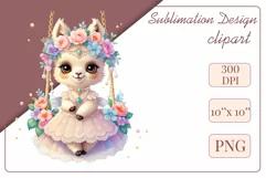 Cute Baby llama clipart on flower-decorated swings in soft pastel hues. Perfect for children's books, educational materials, websites, and nursery decor. Watercolor and digital painting blend. Ideal for adding a magical touch to kids' content