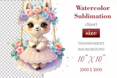 Cute Baby llama clipart on flower-decorated swings in soft pastel hues. Perfect for children's books, educational materials, websites, and nursery decor. Watercolor and digital painting blend. Ideal for adding a magical touch to kids' content