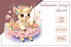 Cute Baby llama clipart on flower-decorated swings in soft pastel hues. Perfect for children&#039;s books, educational materials, websites, and nursery decor. Watercolor and digital painting blend. Ideal for adding a magical touch to kids&#039; content
