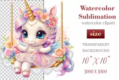 Cute baby unicorn clipart on flower-decorated swings in soft pastel hues. Perfect for children's books, educational materials, websites, and nursery decor. Watercolor and digital painting blend. Ideal for adding a magical touch to kids' content