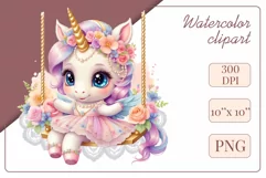 Cute baby unicorn clipart on flower-decorated swings in soft pastel hues. Perfect for children's books, educational materials, websites, and nursery decor. Watercolor and digital painting blend. Ideal for adding a magical touch to kids' content