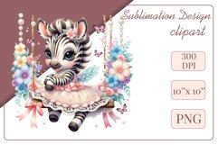 Cute baby zebra clipart on flower-decorated swings in soft pastel hues. Perfect for children&#039;s books, educational materials, websites, and nursery decor. Watercolor and digital painting blend. Ideal for adding a magical touch to kids&#039; content