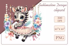 Cute baby zebra clipart on flower-decorated swings in soft pastel hues. Perfect for children's books, educational materials, websites, and nursery decor. Watercolor and digital painting blend. Ideal for adding a magical touch to kids' content