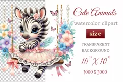 Cute baby zebra clipart on flower-decorated swings in soft pastel hues. Perfect for children's books, educational materials, websites, and nursery decor. Watercolor and digital painting blend. Ideal for adding a magical touch to kids' content