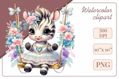 Cute baby zebra clipart on flower-decorated swings in soft pastel hues. Perfect for children's books, educational materials, websites, and nursery decor. Watercolor and digital painting blend. Ideal for adding a magical touch to kids' content